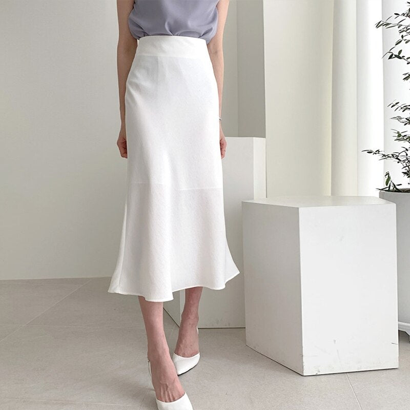 Kukombo Satin High Waist Skirts Women New Soft Smooth Silk Office Lady Basic Midi Skirt Chic Elegant Glossy Long Skirt