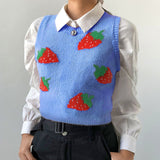 Kukombo Pink Sweat Cute Sleeveless Sweater Vest Women Casual Autumn Strawberry Tank Knitted Crop Top Fashion Streetwear