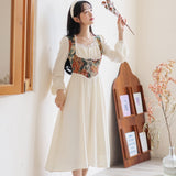 Kukombo French Romantic Dresses For Women 2022 Autumn Oil Painting Retro French Lace Square Collar Dress Elegant Robe Femme Vestidos