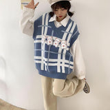 Kukombo Sweet Pink V-Neck Sweater Vest Women Autumn Japanese Loose Knitted Vest Woman New Fashion Cartoon Outwear Tops