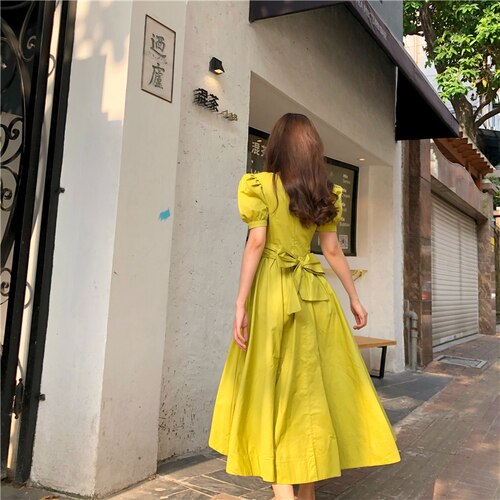Kukombo Elegant Fashion Big Bow Party Dress Solid Color Short Puff Sleeve Dresses Female Vintage Korean Style Vestidos 3a498-0406