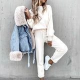 Kukombo Casual Solid Sweatshirt Suit Women Autumn Turtleneck Pullover and Pencil Pants Winter Plus Size Female Tracksuit 2 Piece Sets-1