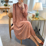 Christmas Gift BGTEEVER Chic Bow Neck Plaid Dress Women 2021 Spring Flare Sleeve Lace-up Pleated Mid-calf Dress Female Chiffon Vestidos femme