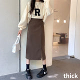 Kukombo Midi Skirts Women Korean Style Solid Ladies Design Temperament Autumn Feminino Side-Slit All-Match Leisure New College Empire