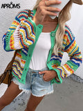 Christmas Gift Aproms Elegant Rainbow Colored Long Sleeve Knit Cardigan Women Autumn Hollow Out Oversized Sweater Female Fashion Outerwear 2021