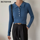 Christmas Gift BGTEEVER Elegant Turn-down Collar Single-breasted Women Sweaters Autumn Full Sleeve Slim Short Female Knitting Tops 2021