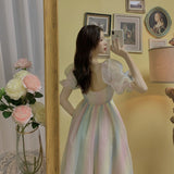 Kukombo  French Fairy Midi  Rainbow Dress Women Sweet Puff Sleeve Backless Designer Kawaii Dress Korean Style Slim Sexy Summer Dress 2022