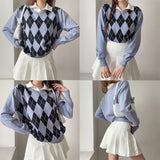 Kukombo White Casual Plaid Argyle Sweater Ladies Preppy Style Vinage Knit Jumper Women Antumn Winter Pullover Knitwear