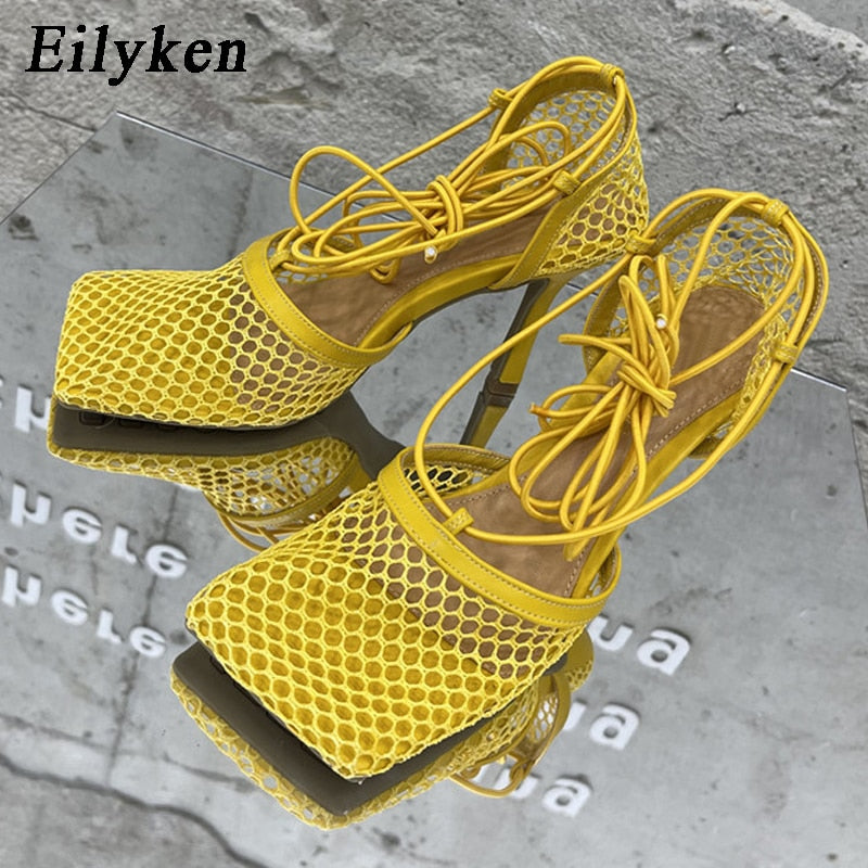 Christmas Gift Eilyken 2022 New Sexy Yellow Mesh Pumps Sandals Female Square Toe high heel Lace Up Cross-tied Stiletto hollow Dress shoes