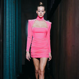 Kukombo Velvet Women High Neck Long Sleeve Mini Dress Ruched Hollow Out Shoulder Pad Bodycon Sexy Club Party Elegant 2022 Spring