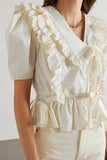 Kukombo Women Tiered Ruffles Crop Top Blouse 2023 Summer Loose Beige Sweet Slim Short Shirt Drawstring Peplum Top