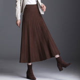 Kukombo Winter Thick Warm Women Pleated Skirt Lurex High Waist Knitted Sweater Skirts Korean Autumn Long A Line Midi Skirt Black Gray