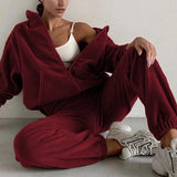 Kukombo  Casual Women Fleece Hoodie Two Piece Sets Hooded Zipper Outerwear And Harem Pant Suit Autumn Winter Fashion Streetwear Tracksuit