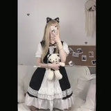 Kukombo Kawaii Lolita Maid Dress Pink Goth Gothic Birthday Party Dress Puff Sleeve Japanese Harajuku Ruffle Lace-Up Soft Girls