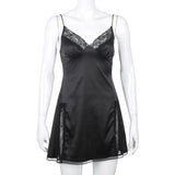 Kukombo Sweetown New Aesthetic Cute Satin Mini Dress Women Lace Trim Brown Vintage Kawaii Clothes Sleeveless V Neck E Girl Dresses