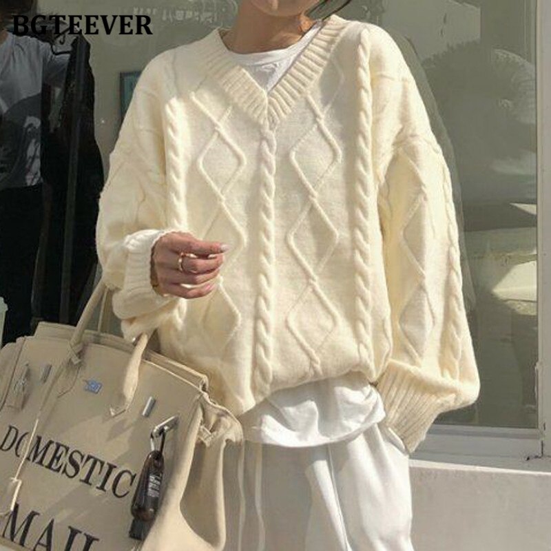 Christmas Gift BGTEEVER New Autumn Full Sleeve Female Twisted Knitted Jumpers Casual Loose Women Warm Sweaters Tops Ladies Knitwear 2021