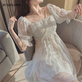 Kukombo French Summer Dress Women White Puff Sleeve Korean Style Fairy Dress Lace Chiffon Kawaii Elegant Vintage Dress Vestidos K72