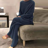 Kukombo Christmas Gift Women Knitted Tracksuit Autumn Winter O-neck Sweater 2 Piece Set  Fashion Solid Ladies Pullover Tops  Wide Leg Pants Home Suit