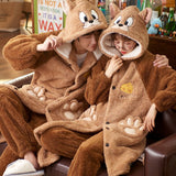 Christmas Gift Cute Warm Thicken Hooded Pajamas Women Autumn and Winter Plush Cartoon Slepwear Set Plus Velvet Male Home Wear Couple Pyjama