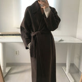 Christmas Gift Women Elegant Long Wool Coat With Belt Solid Color Long Sleeve Chic Outerwear Ladies Drop Shoulder Overcoat 2021