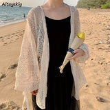 Christmas Gift Cardigan Women Hollow Out Thin Summer Sweet Preppy Style Ulzzang Solid All-match Korean Style Femme Simple Chic Daily Mujer Tops