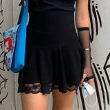 Kukombo Basic Versatile Stretchy High-waisted Lace Stitching Short Skirt Casual Vintage Harajuku Women 2022 Black Mini Skirt