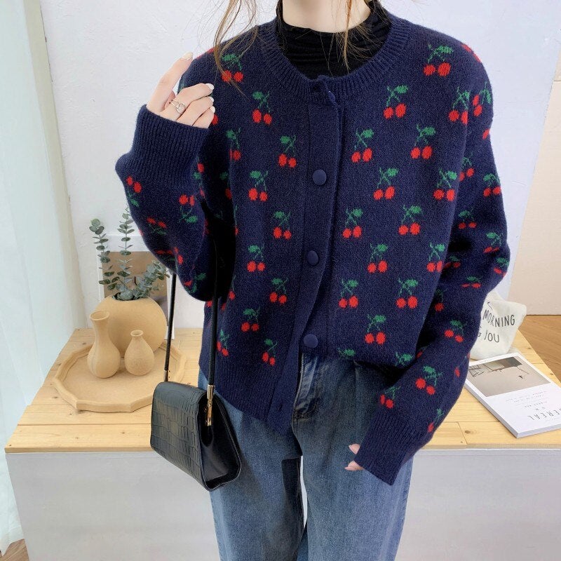 Christmas Gift New 2021 Autumn Winter Women's Knitwear Knitted Button Cardigans Embroidery Floral Oversize Vintage Lady Tops SWC8052