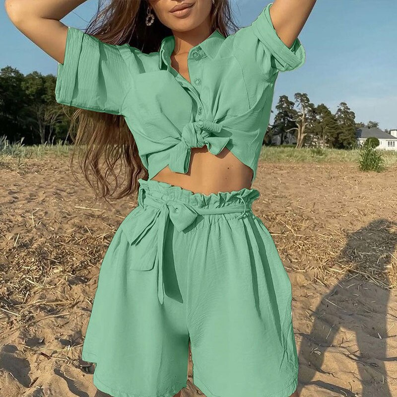Casual Summer Shirts Two Piece Set Women Short Sleeve Button Tops And High Waist Shorts Fashion Retro Female Solid Suits Outfits