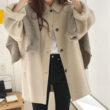 Kukombo Women's Coat Wool Long Sleeve Single Breasted Fashion Fold Over Women's Blended Leisure Loose Winter Woman Thick Coat