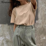 Christmas Gift Hirsionsan Basic Cotton T Shirt Women Summer New Oversized Solid Tees 7 Color Casual Loose Tshirt Korean O Neck Female Tops