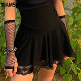 Kukombo Basic Versatile Stretchy High-waisted Lace Stitching Short Skirt Casual Vintage Harajuku Women 2022 Black Mini Skirt