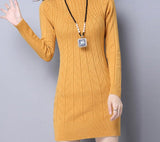 Kukombo Autumn Winter Solid Knitted Cotton Sweater Dresses New Women Fashion Turtleneck Pullover Female Knitted Dress Vestidos