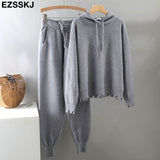 Christmas Gift 2 Pieces Set Women hooded sweater Tracksuit Turtleneck Sweater + Carrot Jogging Pants Pullover Sweater Set CHIC Knitted Outwear