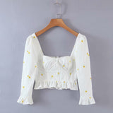 Kukombo Spring And Summer Blouses Women New Retro Daisy Embroidery Ruffled Short Sleeve Corset Shirt Top Pullover Blouse