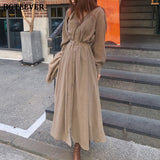 Christmas Gift BGTEEVER V-neck Single-breasted Female Long Dress 2021 Spring Elegant Long Sleeve Belted Women Dress Straight Loose Vestidos