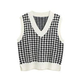 Kukombo Autumn Winter Women Sweater Vest Houndstooth Loose Knitted V-Neck Sleeveless Chic Top Fashion Vintage Sweater Female Waistcoat