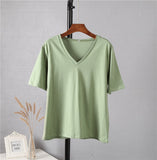 Christmas Gift Hirsionsan 100% Cotton Summer T Shirt Women Soft Short Sleeve  V Neck Female Tees Basic Kintwear Tops Harajuku Tshirt for Ladies