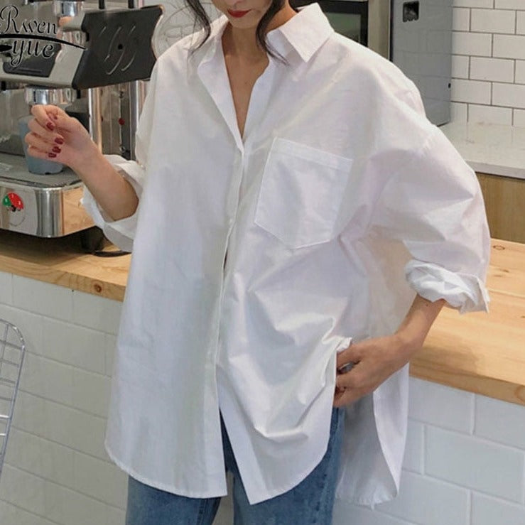 Kukomobo Christmas Gift Casual Solid Loose Women Shirt Spring Elegant Clothes Autumn New Cotton White Blouse Women Vintage Long Sleeve Tops Blusas 11456