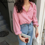 Christmas Gift  New 2021 Women Spring Summer Blouse Shirts Plaid Fashionable Checkered Oversize Buttons Wild Sweet Pink Tops BL1023