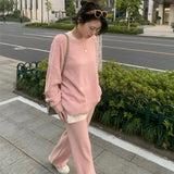 Kukombo Women New Casual 2 Pieces Knitted Set Long Sleeve Patchwork Sweater Long Trousers Autumn Winter Female Wide Leg Pants Suit