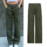 Kukombo Vintage Khaki Wide Leg Cargo Jeans High Waist Big Pockets Baggy Denim Trousers Casual Oversized Pants Street Sweatpants