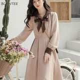 Christmas Gift Long Sleeve Dress Women New French Style Vintage College Bow Autumn Mid-calf Classy Peter Pan Collar Patchwork Vestido Feminino