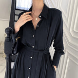 Christmas Gift Korean Chic Summer Dress Elegant Lapel Chic Single Breasted Part Dress Lace Up Waist Long Sleeve Shirt Dress