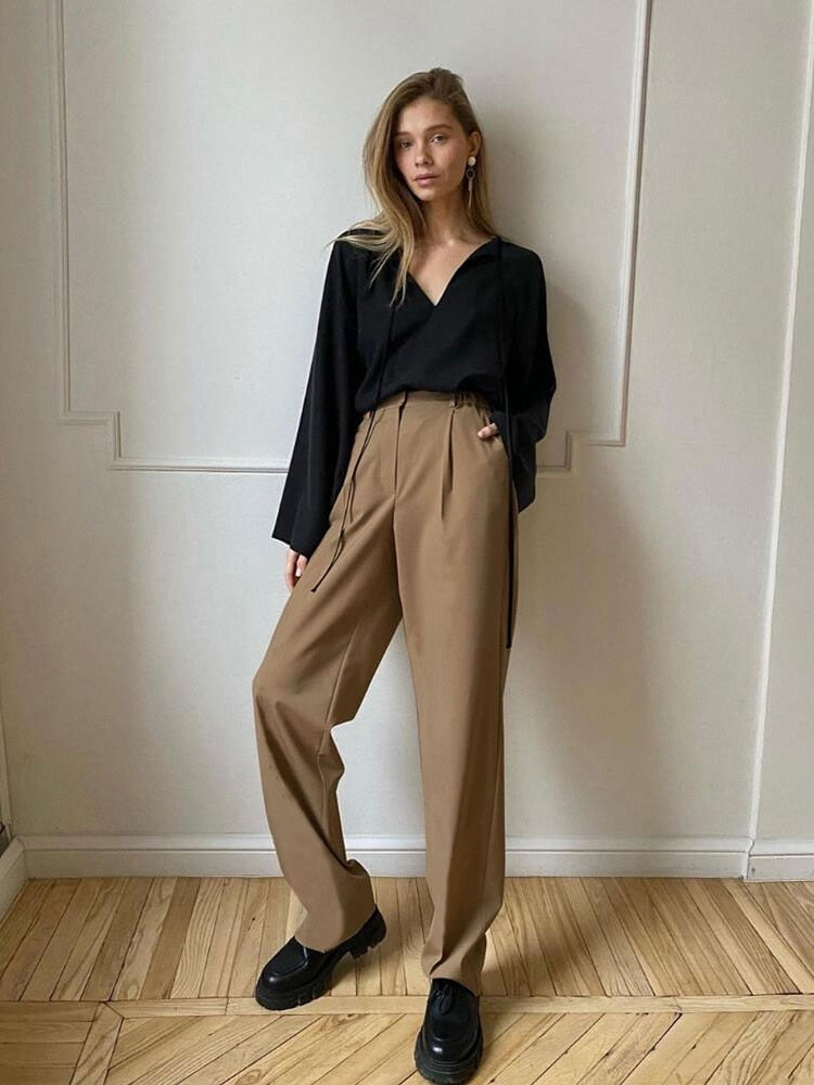 Hirsionsan High Waisted Loose Straight Trousers Women 2021 New Office Lady Cusual Wide Leg Pants Vintage Zipper-Up Female Pants