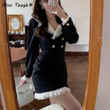 Kukombo  Black Vintage Retro Dress Women Autumn 2022 Slim Elegant Party Mini Dress Female Casual Button Lace Chic Sweet Korean Y2K Dress