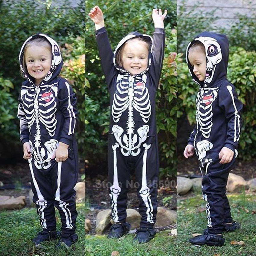 Halloween Kukombo Halloween Skeleton Cosplay Costumes For Newborn Baby Hooded Romper Jumpsuit Novelty Scary Skull 3D Print Boys Gothic Bodysuit