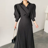 Kukombo Korean Chic Pleated Dress Woman V-Neck Apricot Elegant Long Dress Vestido Female Fall 2022 Turn-Down Neck Lace Up Dresses OL