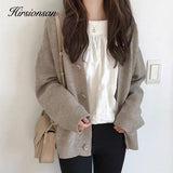 Christmas Gift Hirsionsan Soft Knitted Cardigan Women 2021 Autumn Winter Korean V Neck Khaki Sweater for Girls Chic Oversized Ladies Clothes