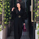 Kukombo Office Lady Elegant Wide Leg Jumpsuits Women Autumn Solid Color Rompers Belted Waist Office Wear Playsuits Long Pants Overalls