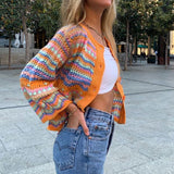 Christmas Gift HEYounGIRL Rainbow Striped Casual Knitted Cropped Cardigan  Vintage Fashion Long Sleeve Sweater Women Autumn Jumpers Ladies